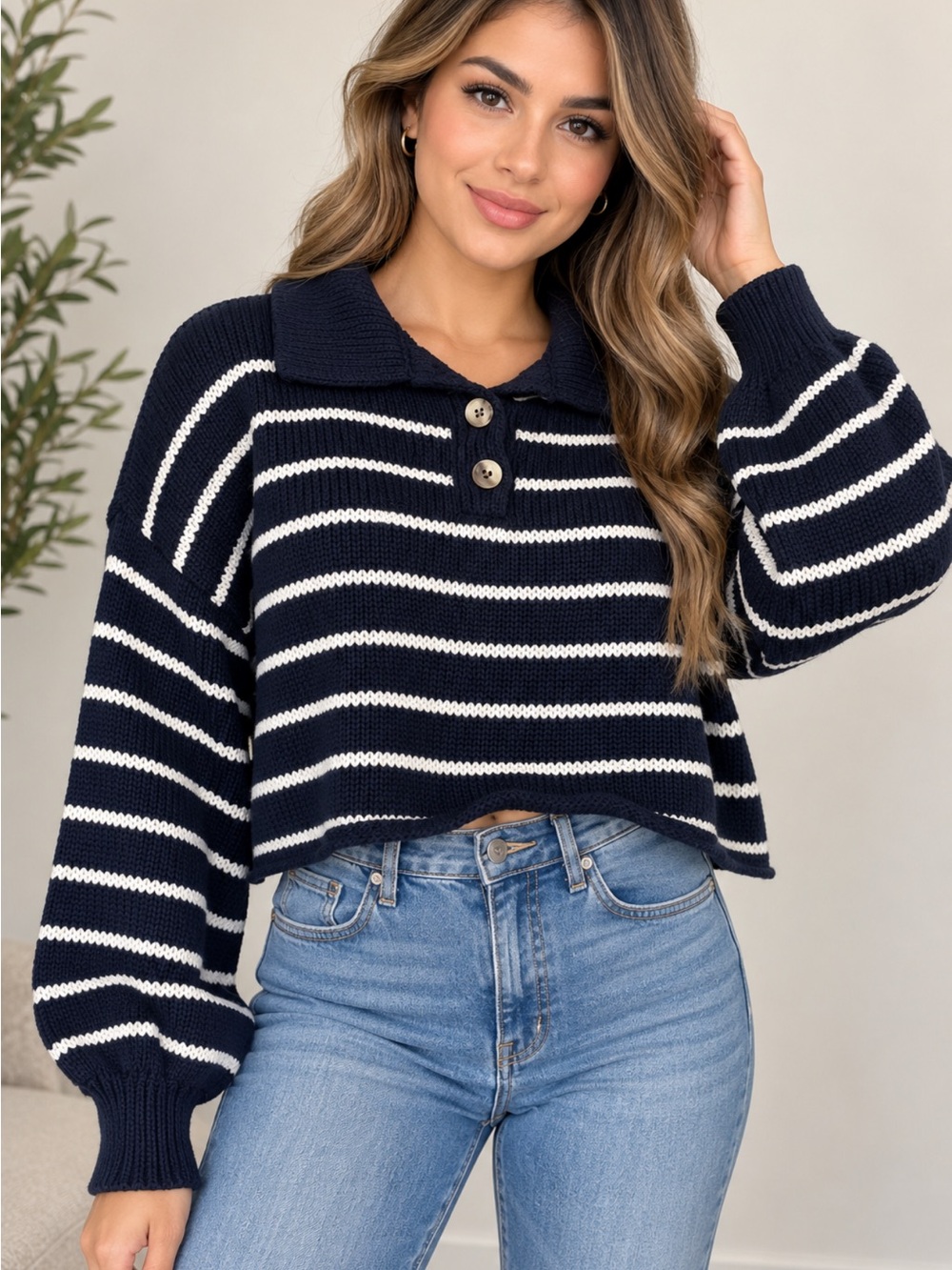 Zara Navy and White Striped Cropped Polo Sweater
